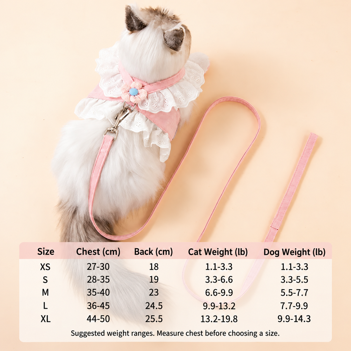 XS through XL harness size guide with chest, back and suggested pet weights