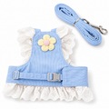 Blue lace harness with yellow flower, gray buckle and matching blue leash