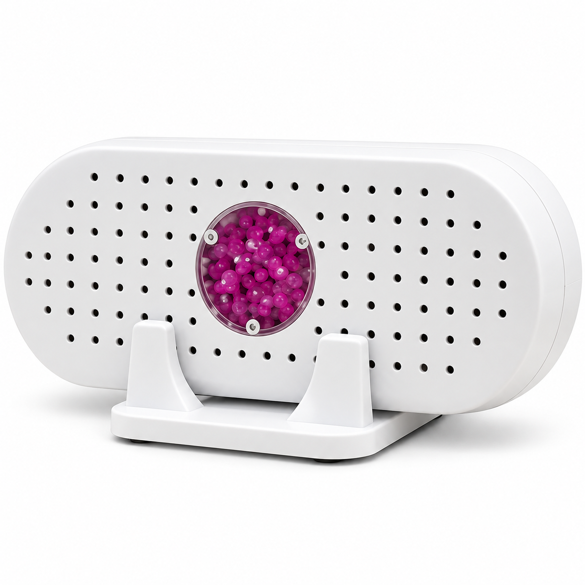 Compact white moisture absorber with a purple bead window and tabletop stand