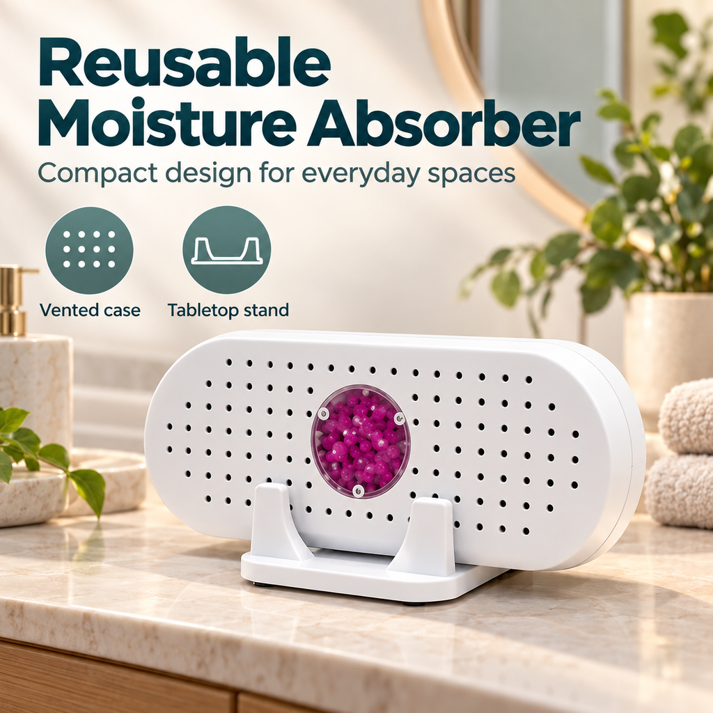 Reusable moisture absorber on a bathroom shelf with English feature labels