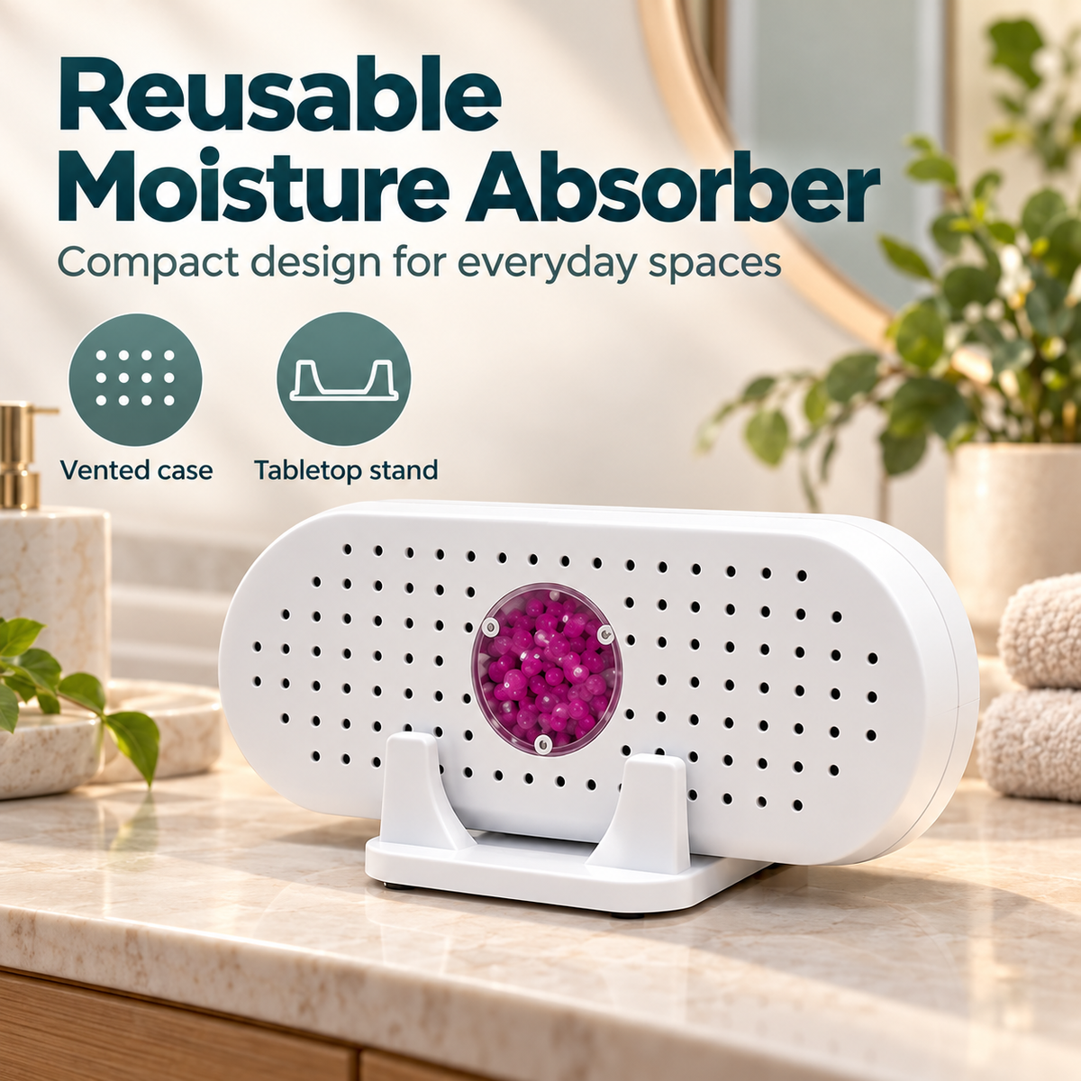Reusable moisture absorber on a bathroom shelf with English feature labels