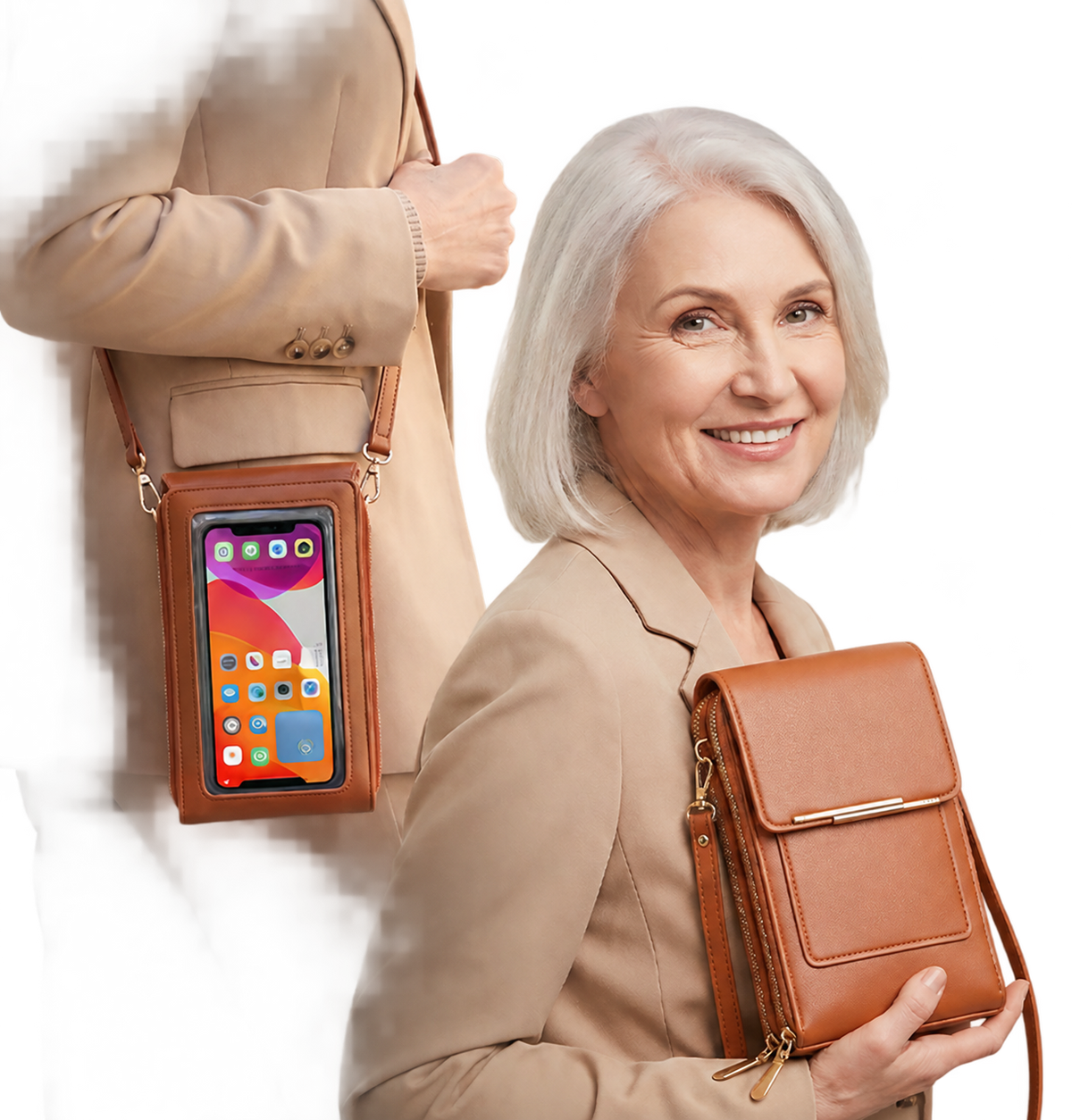 Brown crossbody bag with phone window