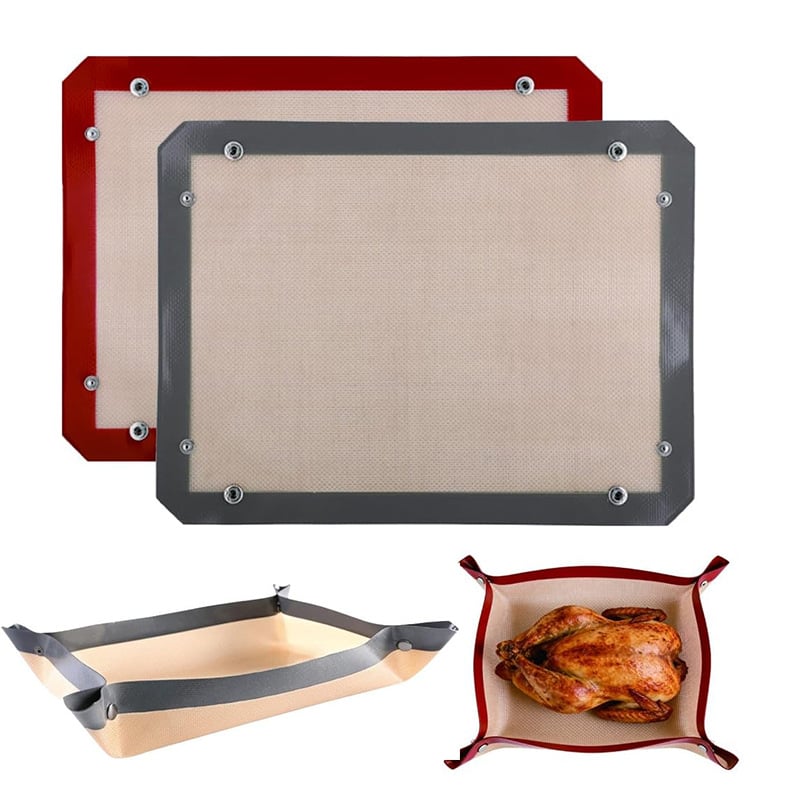 Snap-up silicone baking mat shown flat and with raised corners