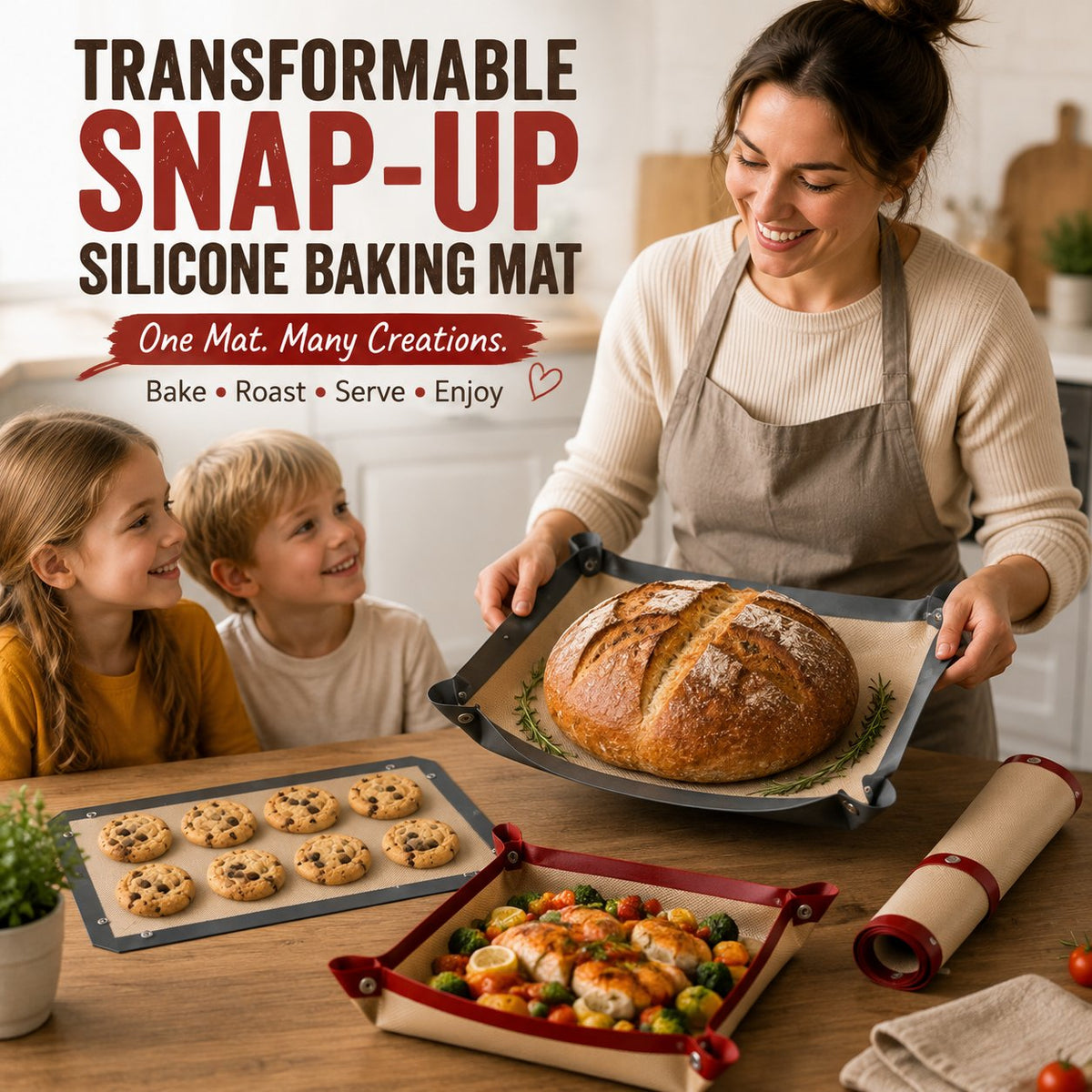 Silicone baking mats used for a family baking scene