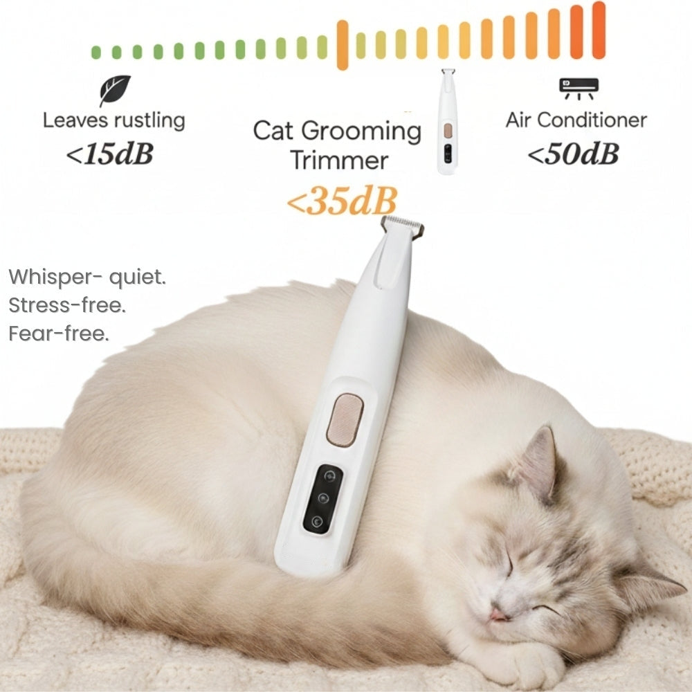 White pet trimmer shown beside a resting cat