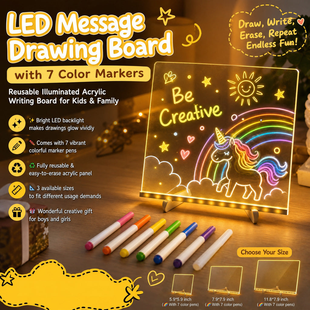 LED acrylic note board with a rainbow unicorn drawing and seven colored pens