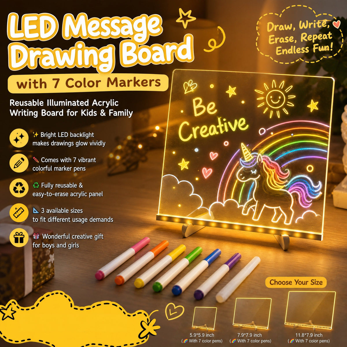LED acrylic note board with a rainbow unicorn drawing and seven colored pens