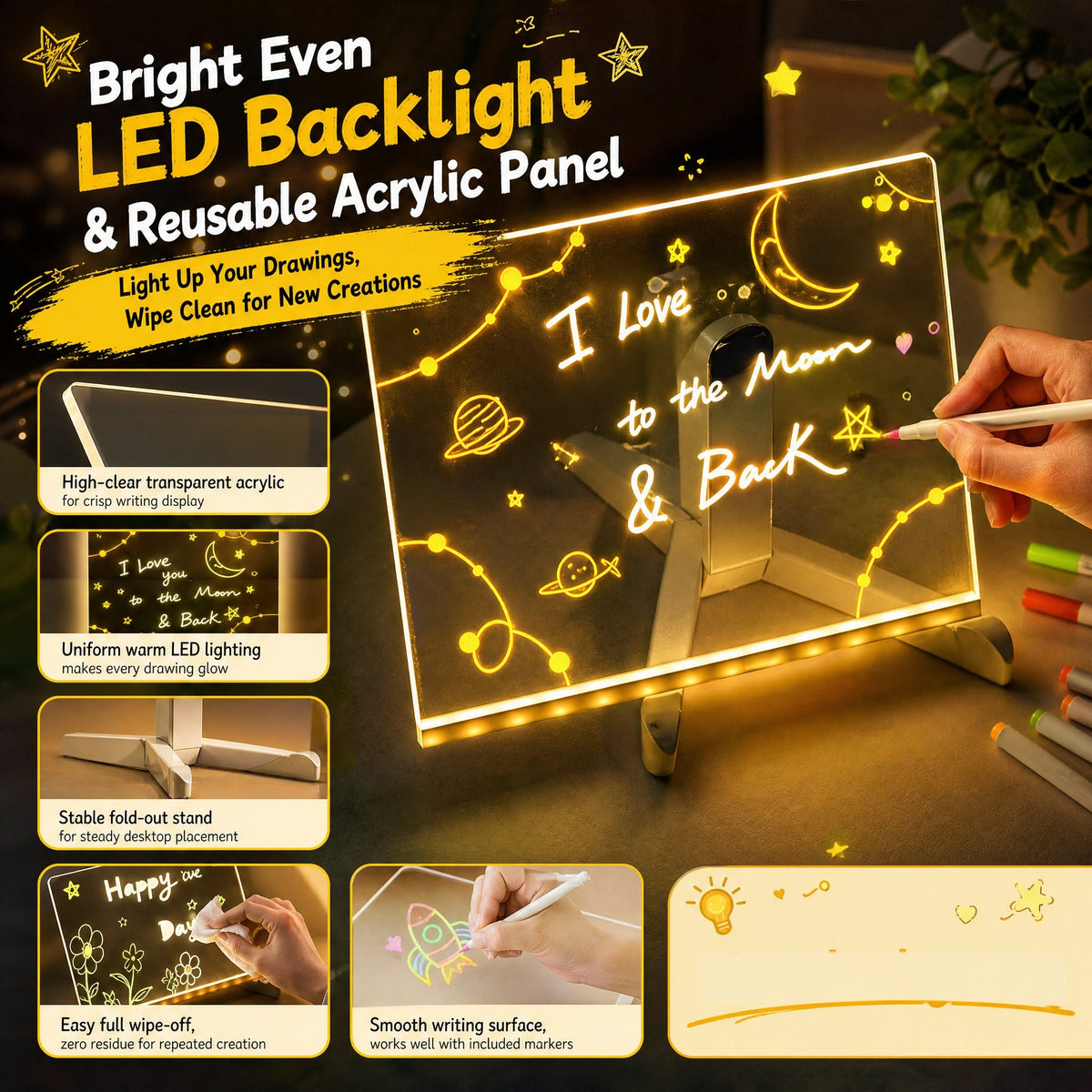 Acrylic panel, LED lighting and desktop support details