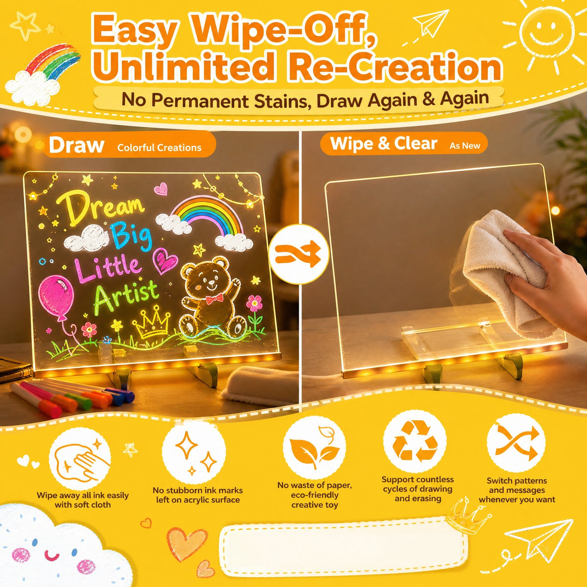LED Acrylic Glowing Note Board with Colors Dry Erase Message Board