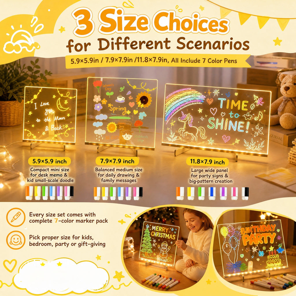 Three sizes of illuminated acrylic note boards