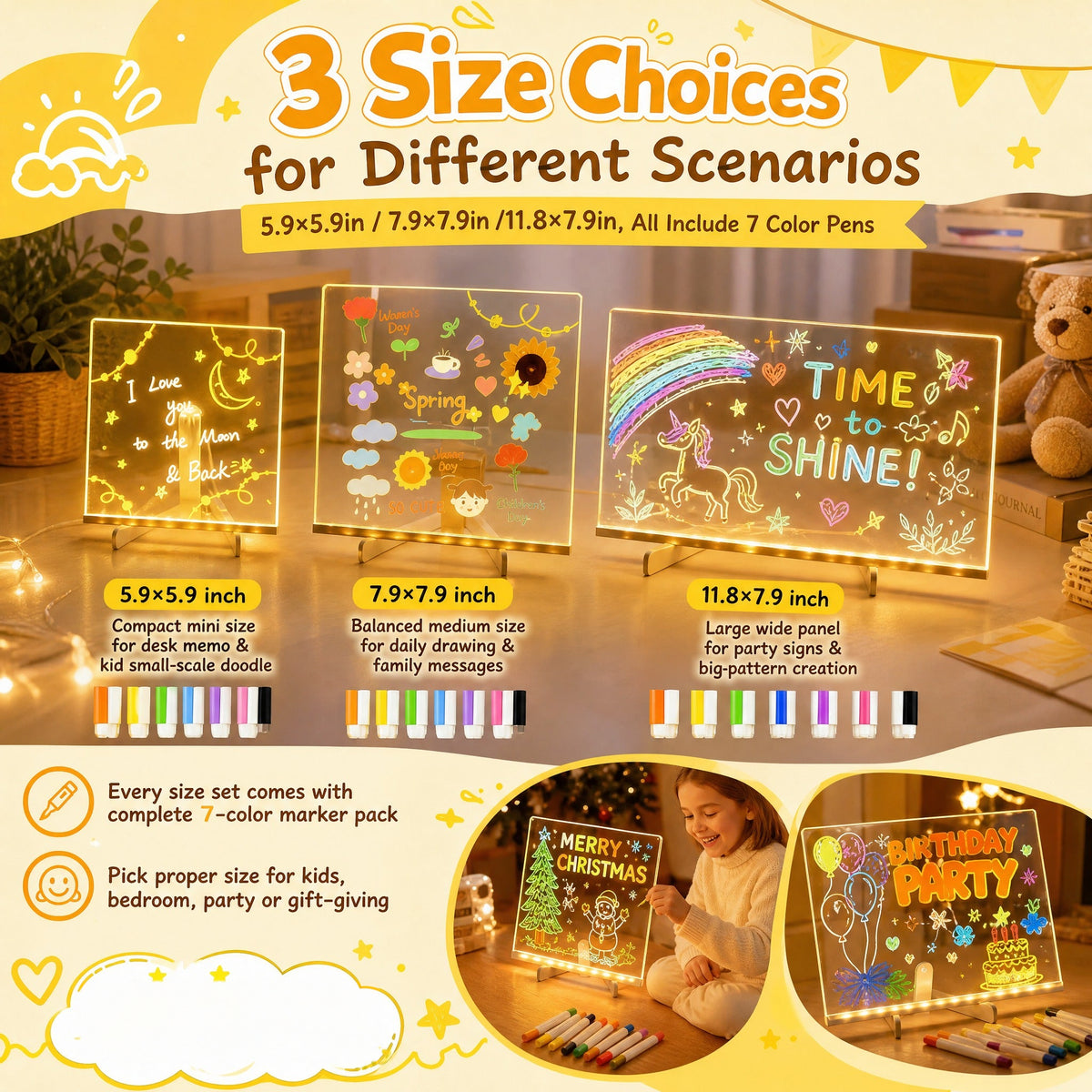 Three sizes of illuminated acrylic note boards