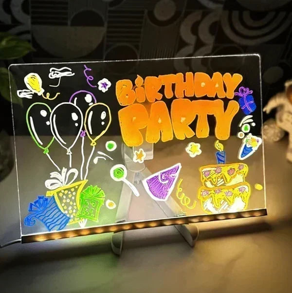 Colorful birthday message on an illuminated acrylic board