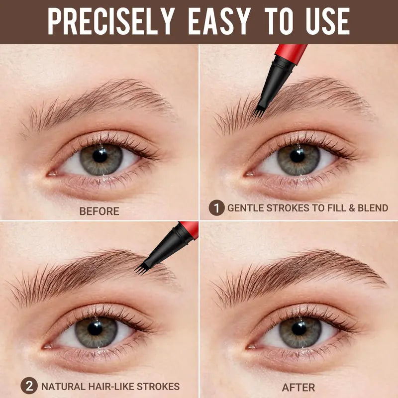 Four panels showing short eyebrow pen strokes and a finished brow