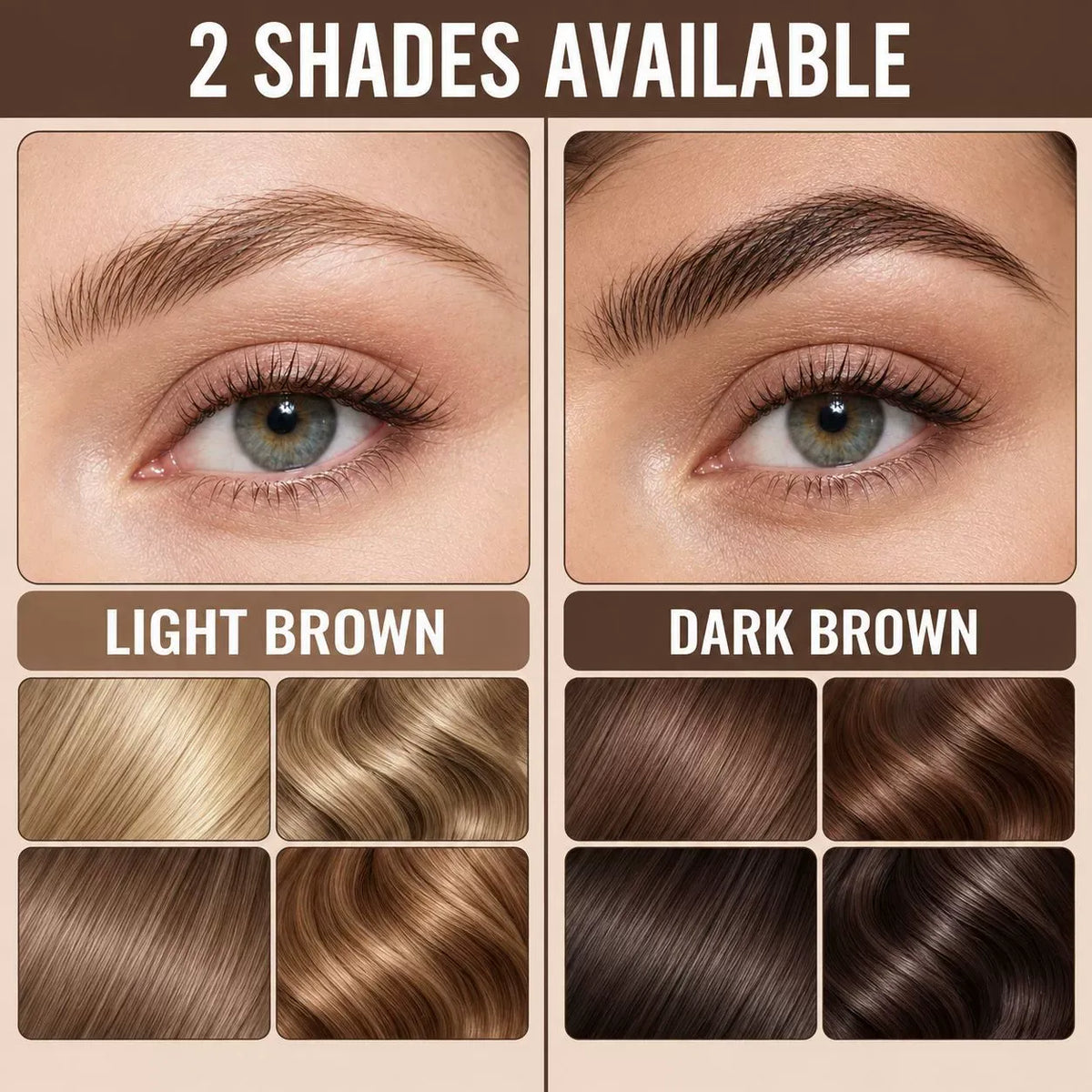 Light Brown and Dark Brown eyebrow shade comparison with hair swatches