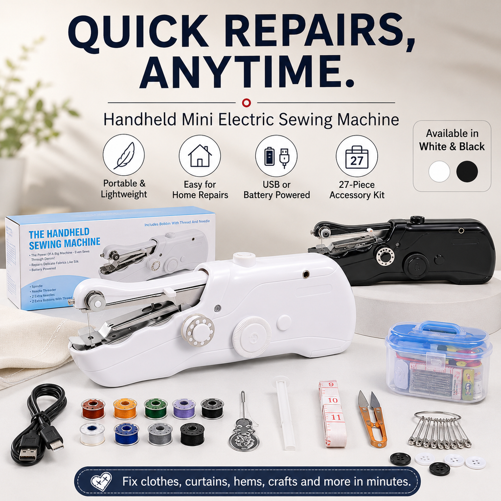 Handheld sewing machine and sewing kit in white and black