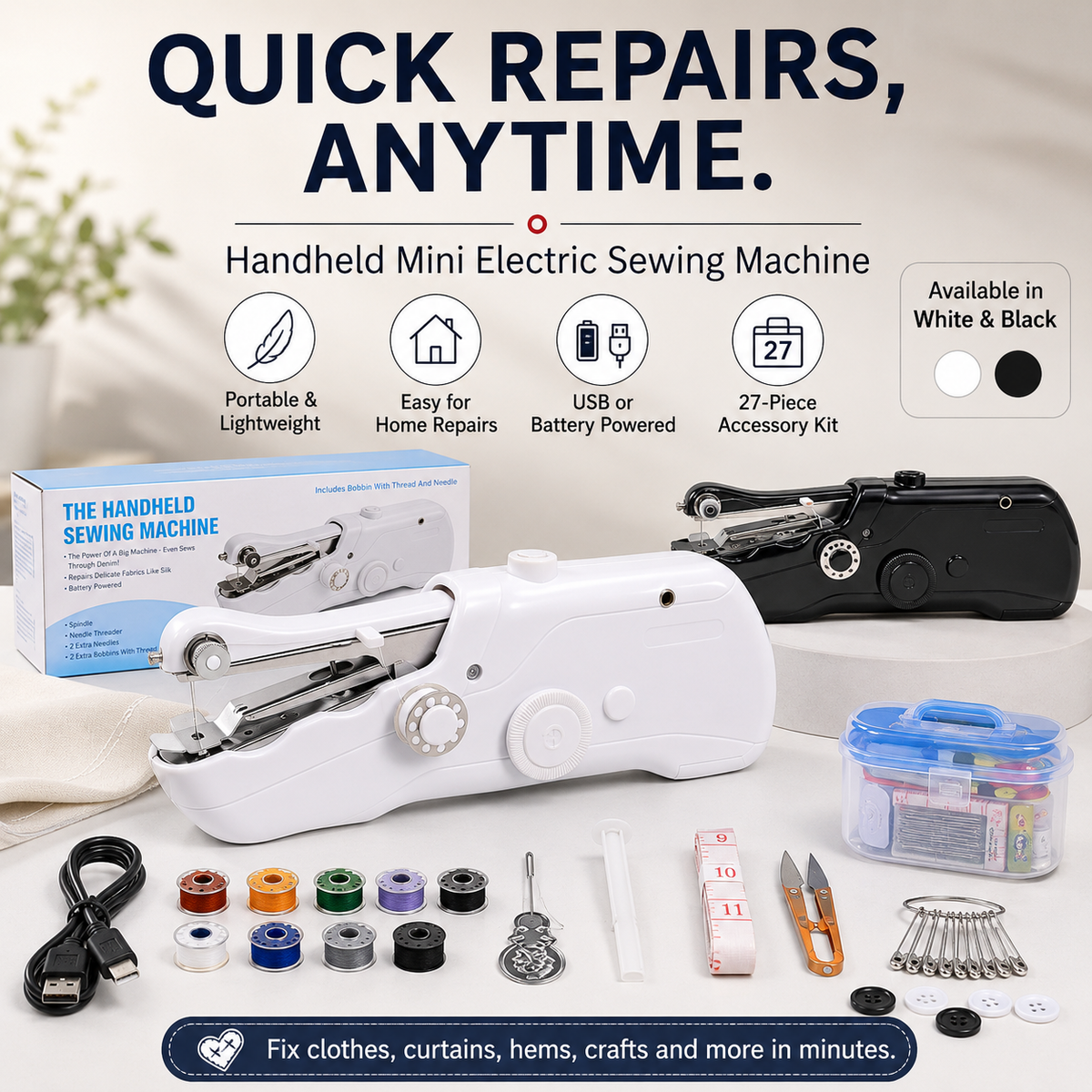Handheld sewing machine and sewing kit in white and black