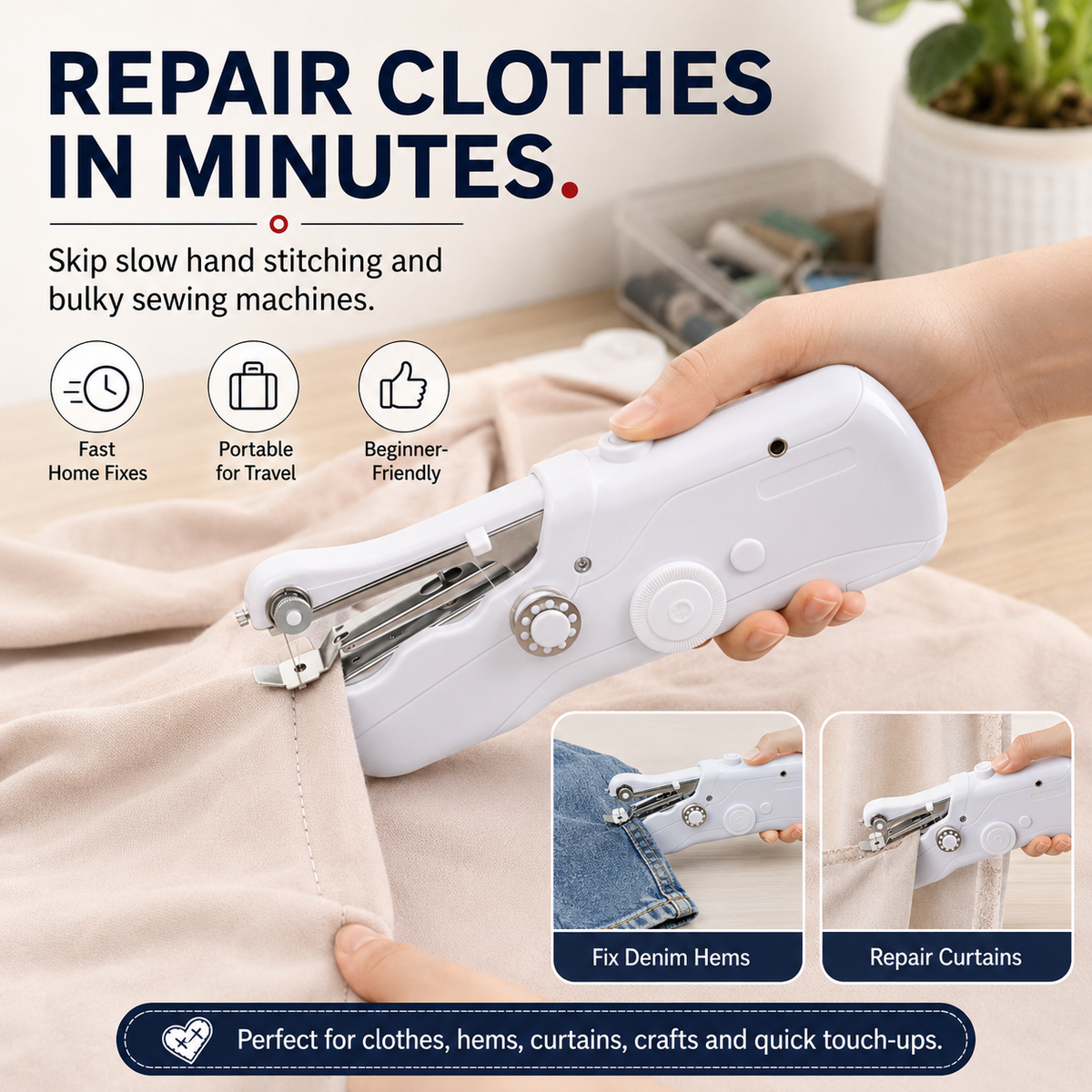 Handheld machine for small fabric repairs