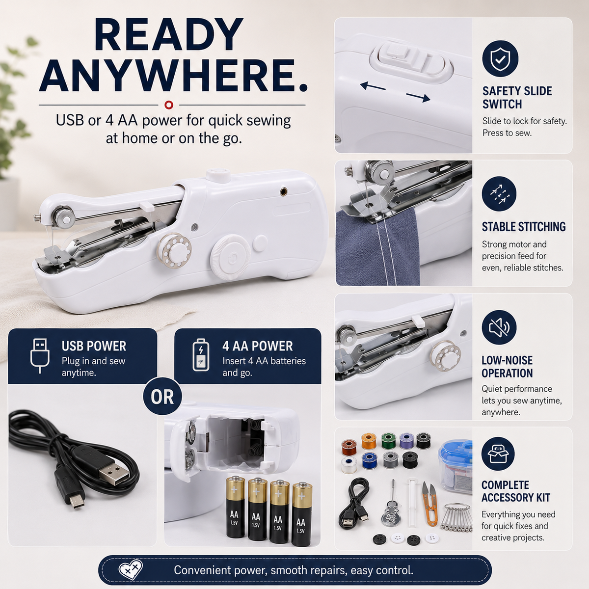 Handheld sewing machine controls and power setup