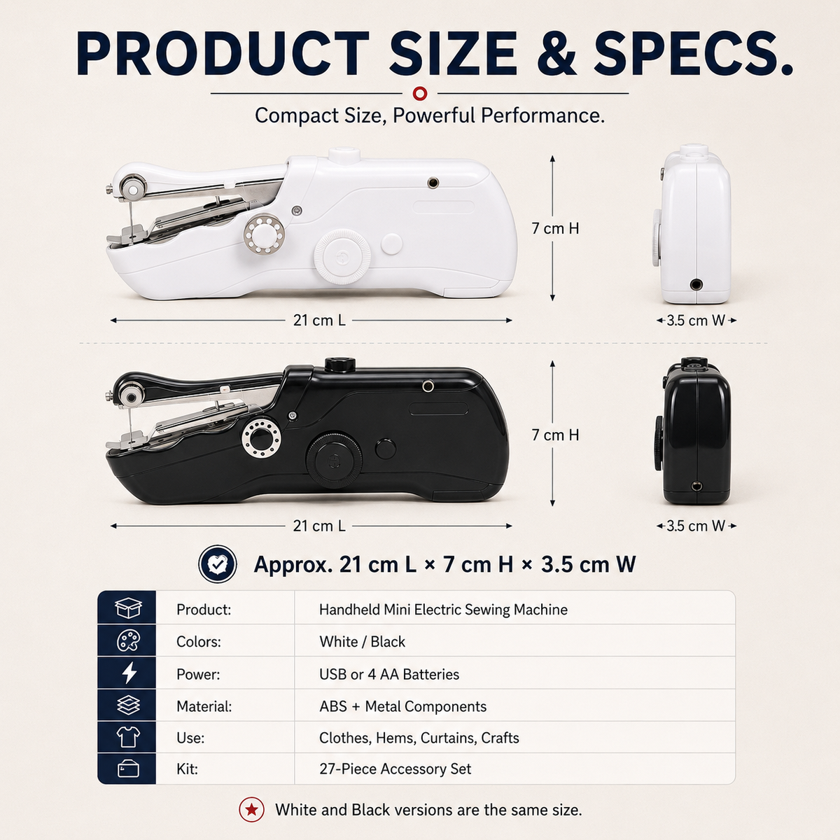 White and black handheld sewing machine views