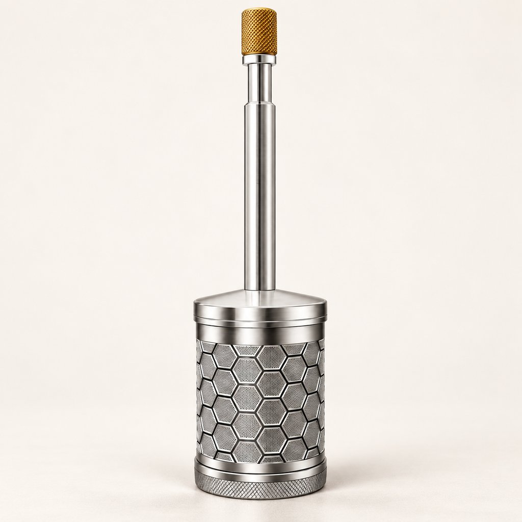 Stainless steel manual coffee and tea brewer on a light background