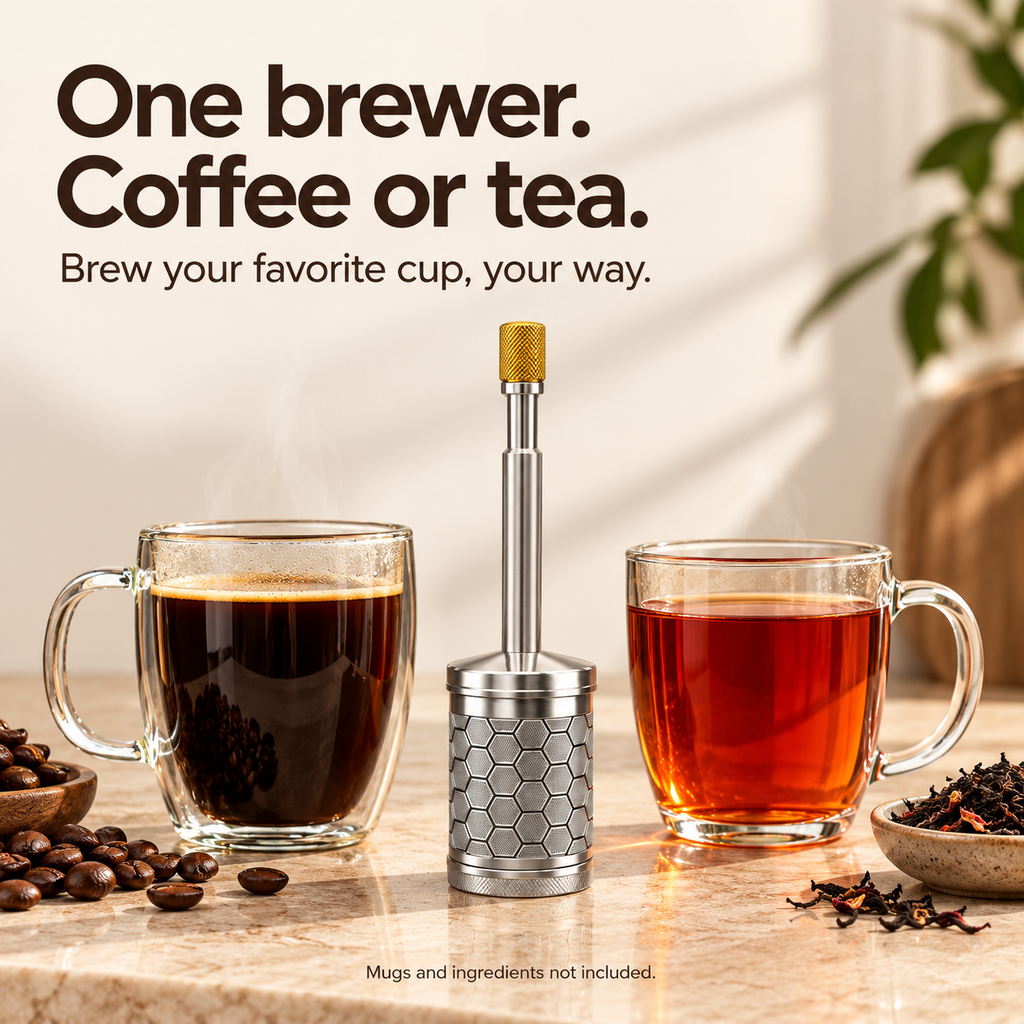 Manual infuser with coffee and tea in glass mugs