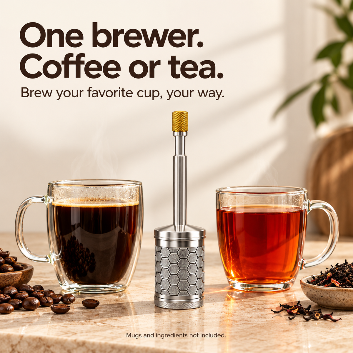 Manual infuser with coffee and tea in glass mugs