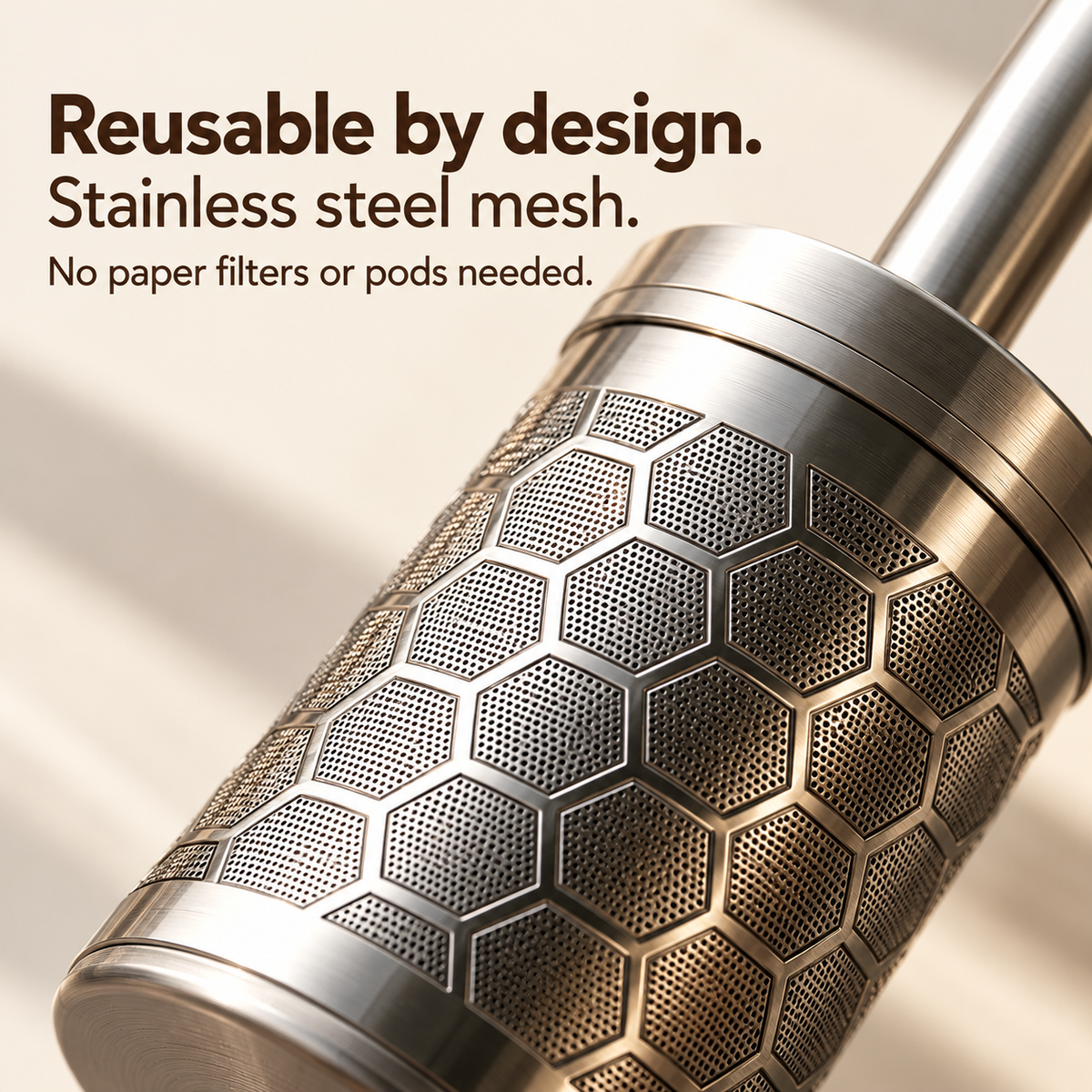 Close-up of reusable stainless steel mesh filter