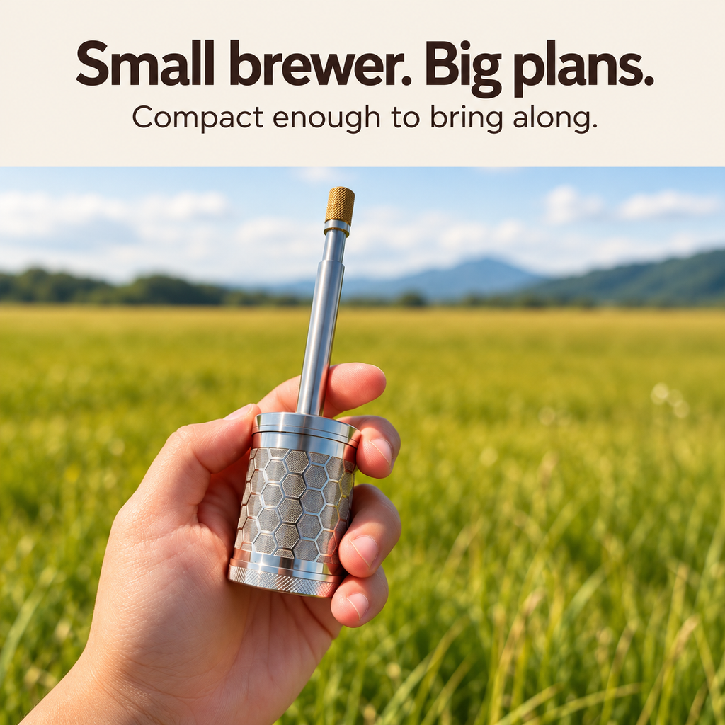 Hand holding the compact brewer outdoors