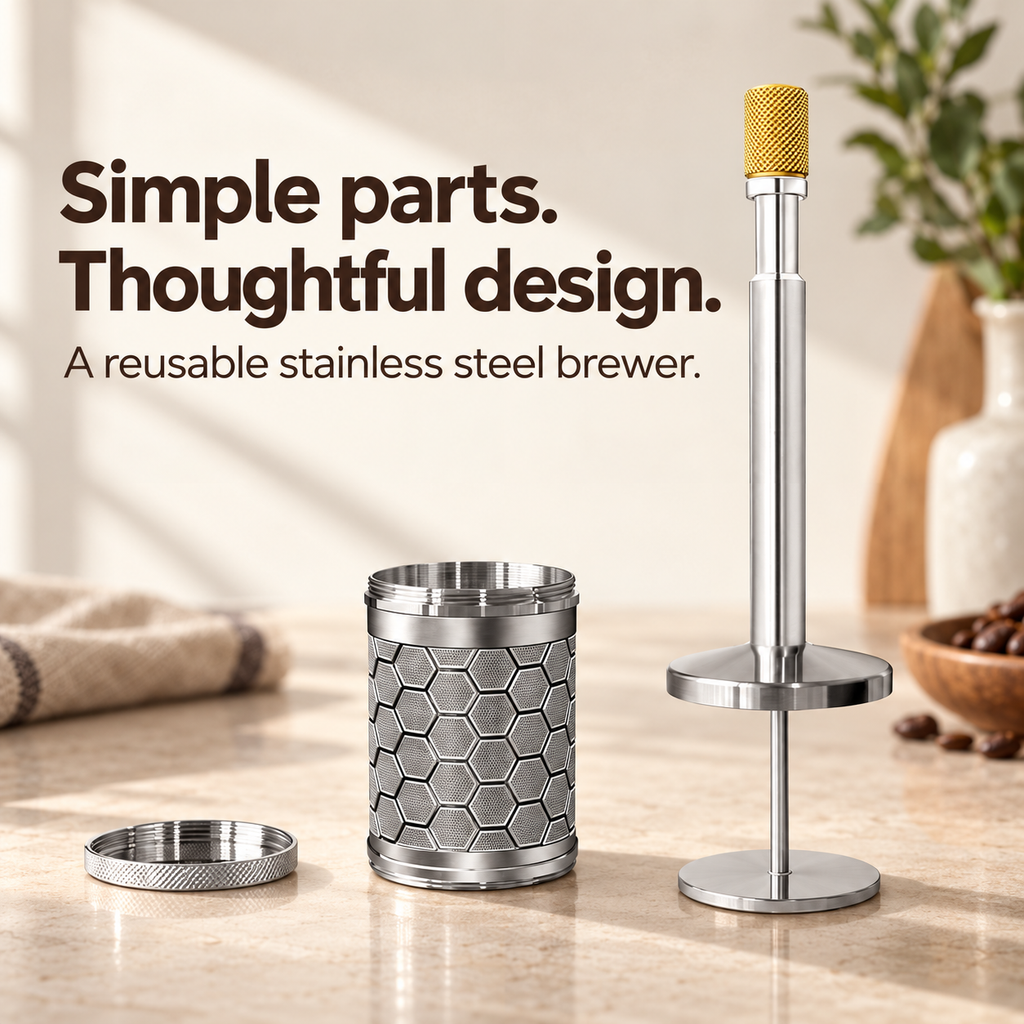 Mesh basket, removable base and plunger assembly