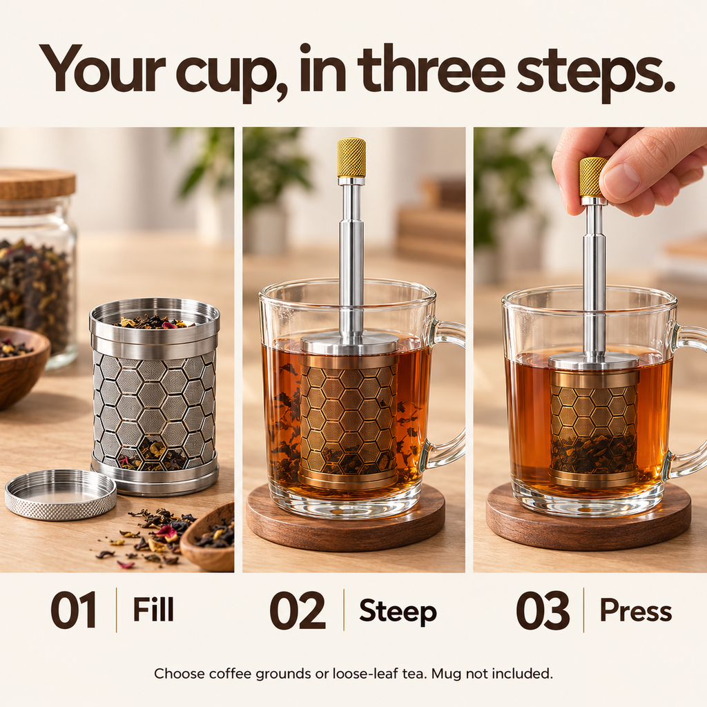 Fill, steep and press brewing steps