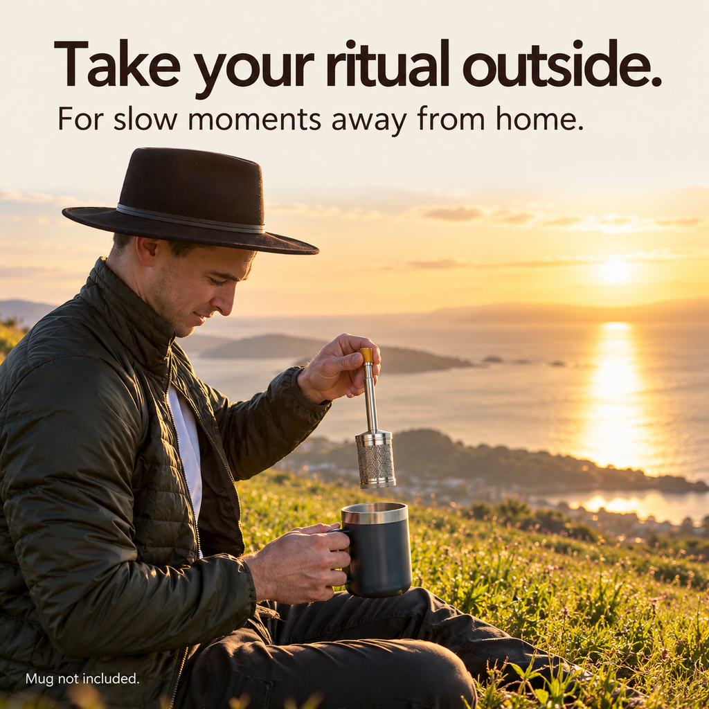 Traveler lifting a brewer above a mug outdoors at sunset