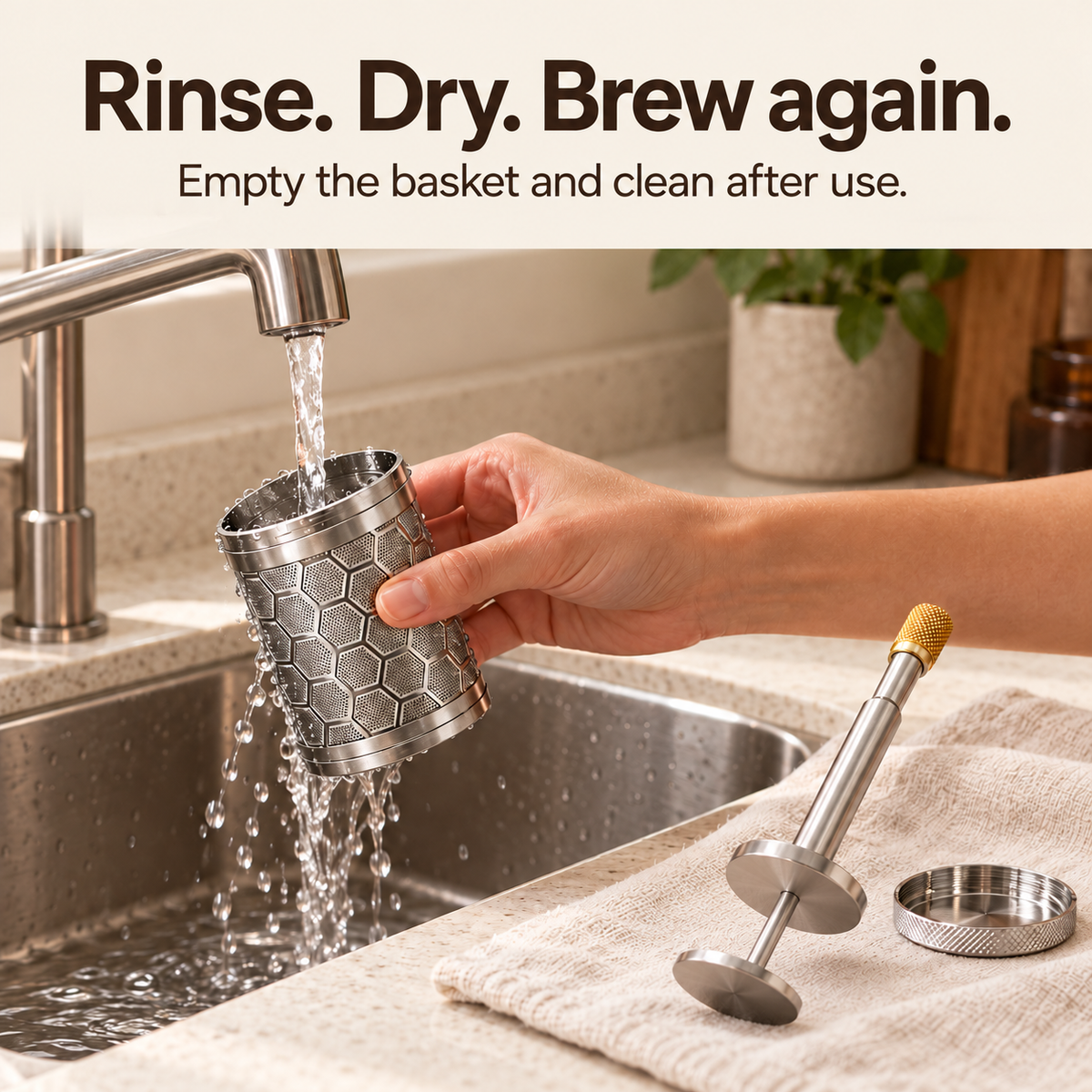 Rinsing the mesh basket with plunger components beside the sink