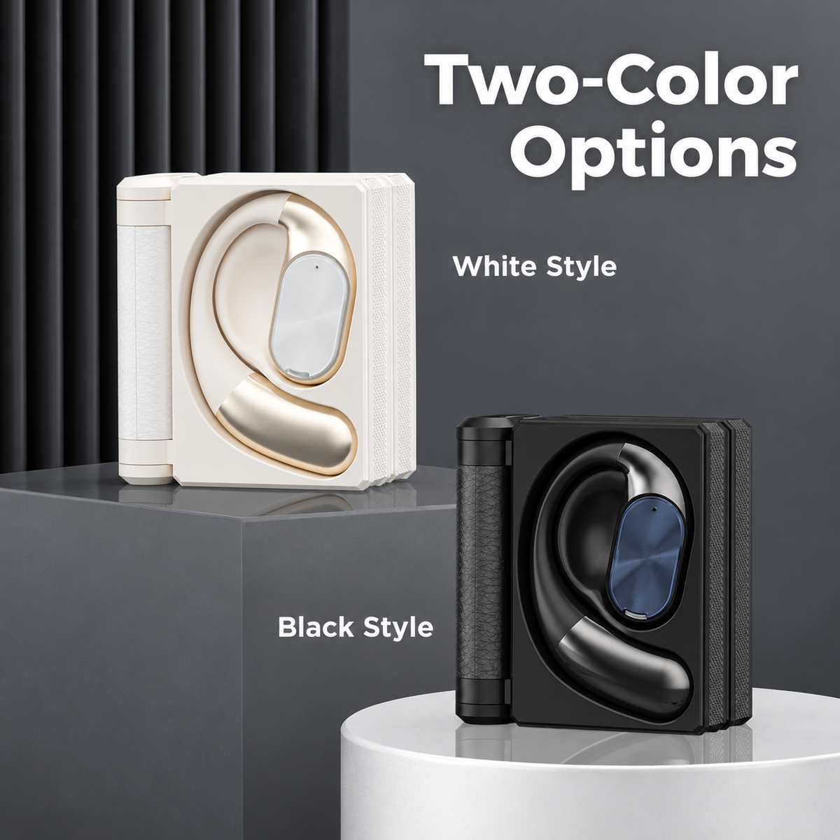 Black and white foldable open-ear earphones with their matching charging cases