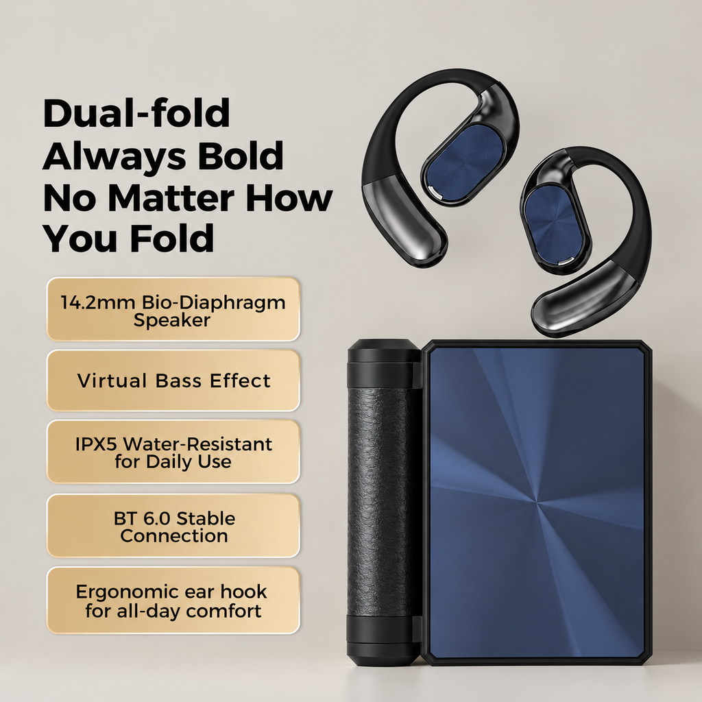Open-Ear Wireless Bluetooth Headphones Foldable Sports Earphones with Charging Case