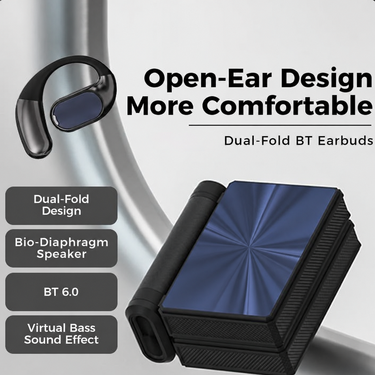 Black open-ear earphones and black folding charging case