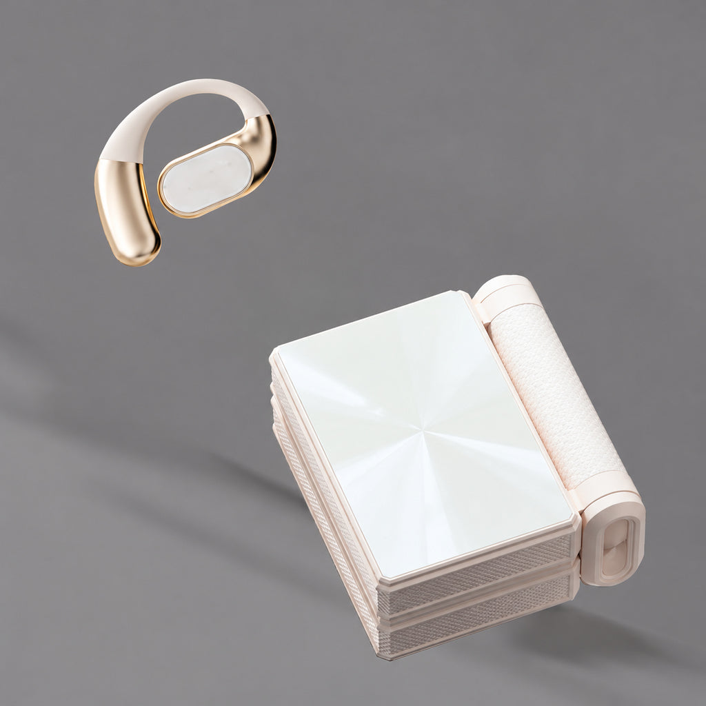 White open-ear earphone beside a white folding charging case