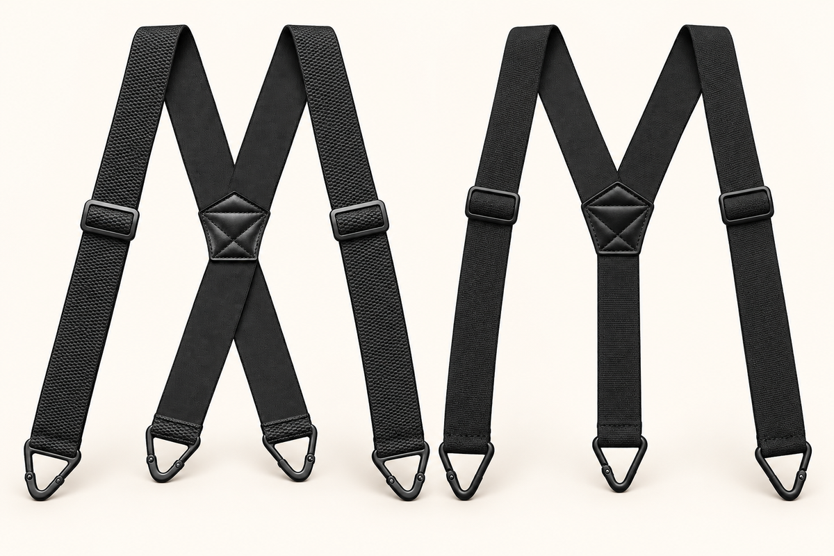 Black X-back and Y-back hook-clip suspenders side by side