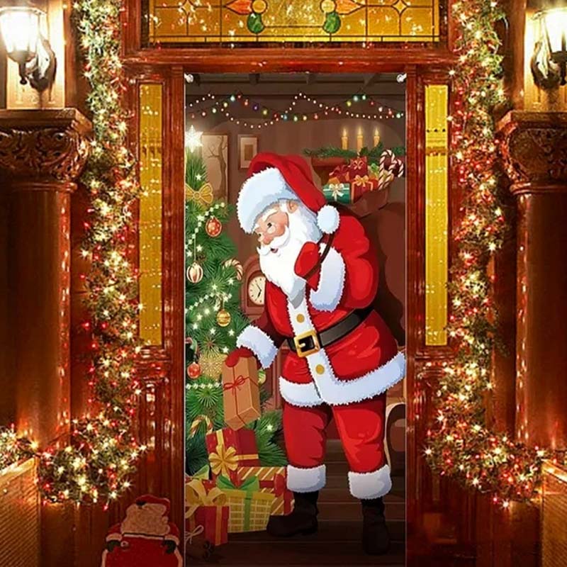 Santa door-cover print displayed in a warmly decorated entrance