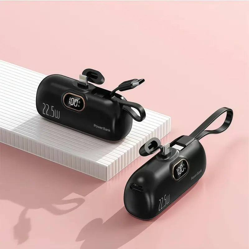 Black 5000mAh mini capsule power bank with built-in cable