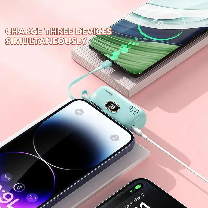 Mini Capsule Portable Power Bank with Built-in Cable Fast Charging