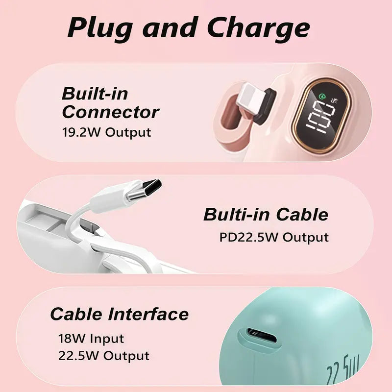 Mini Capsule Portable Power Bank with Built-in Cable Fast Charging