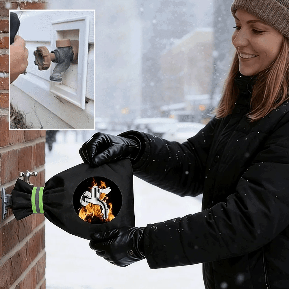Animated winter installation of an outdoor faucet cover