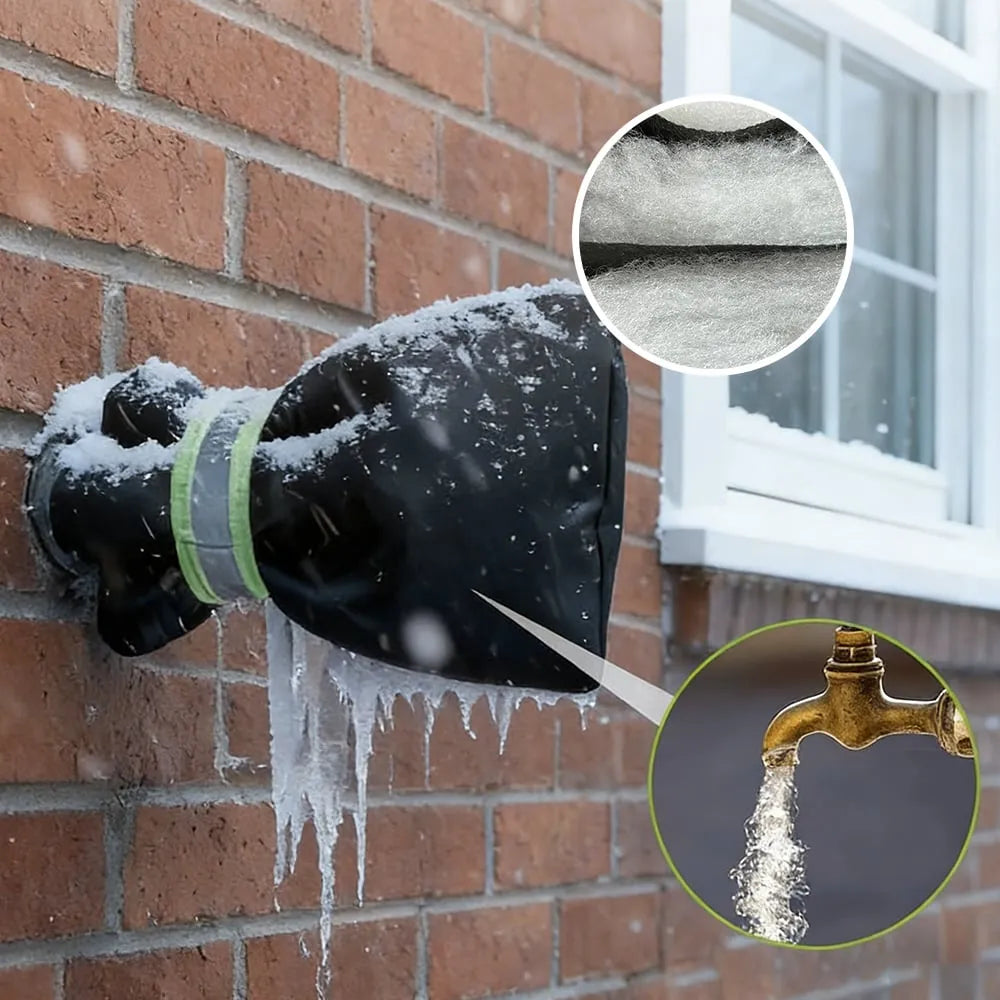 Outdoor faucet in snowy weather beside a covered fixture