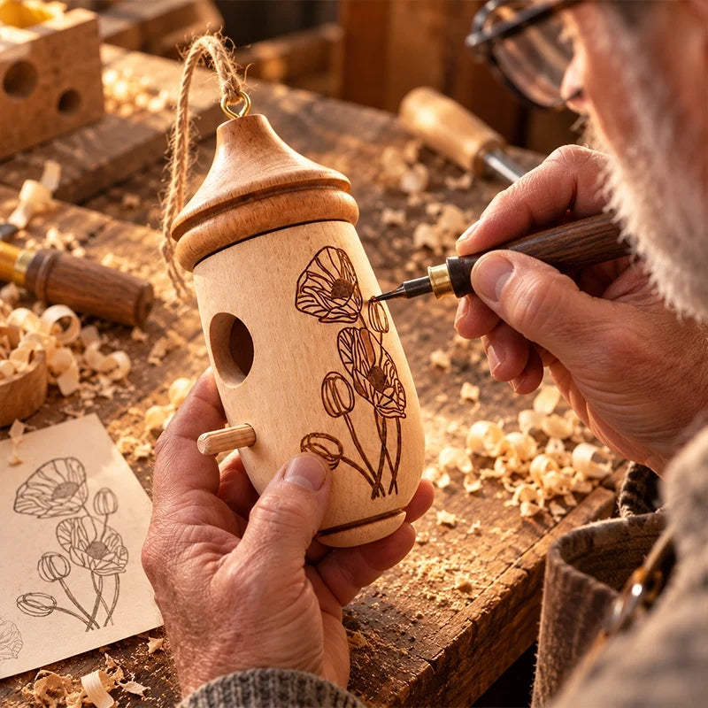 Decorative detail on a wooden acorn hanging ornament