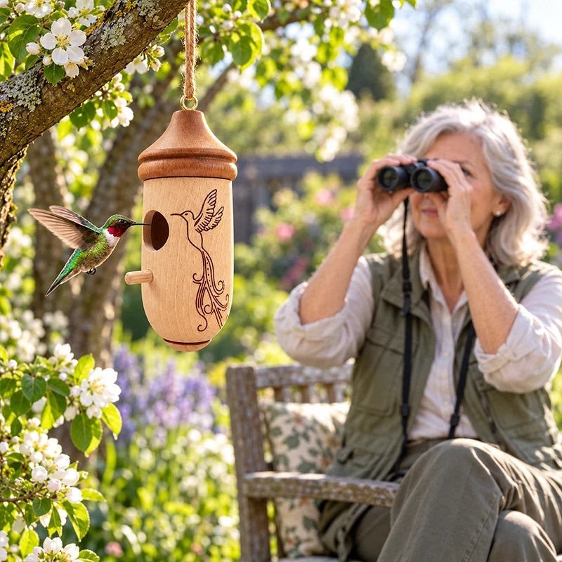 Wooden acorn ornament displayed in a flowering garden