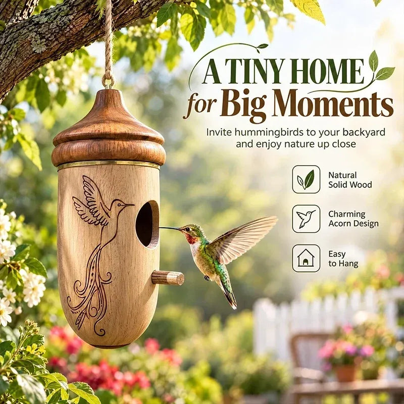 Handmade Wooden Hummingbird House Acorn Hanging Birdhouse Garden Decor