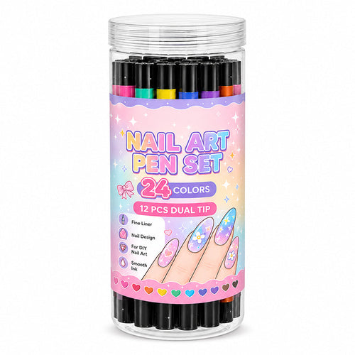Twelve dual-ended nail art pens in a storage tube