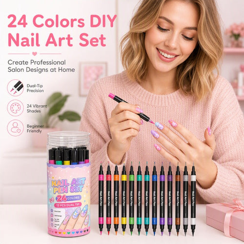 Woman creating a colorful manicure with nail art pens