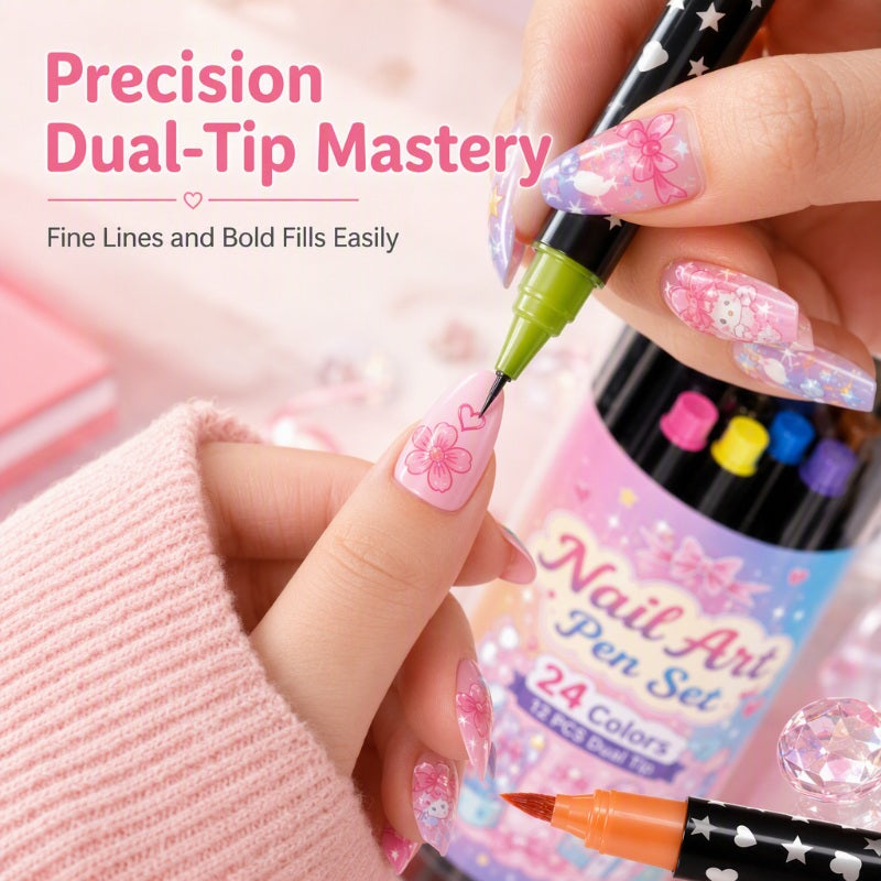 Fine pen tip drawing a floral design on a nail