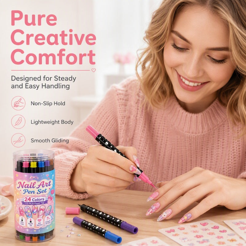 Woman adding details to her manicure with a nail art pen
